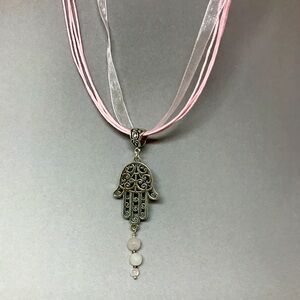 Fatima hand / Hamsa filigree necklace. Ribbon choker with pink  gem beads